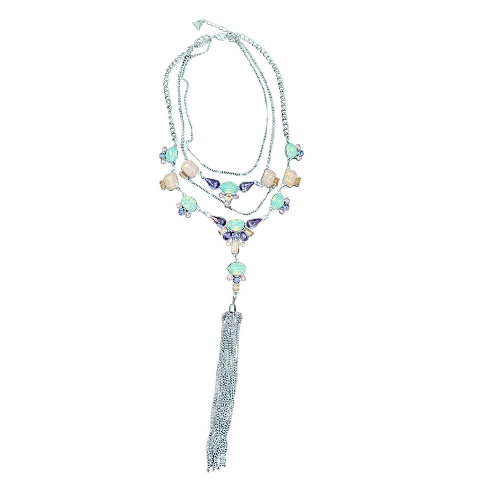 GUESS Silver Tone Layered Statement‎ Necklace Pastel Crystal Bib Multi Chain Y2K